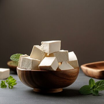 Pieces of indian paneer cheese or cubes, tofu in bowl
