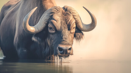 Naklejka premium A large black ox is standing in a body of water, looking at the camera.