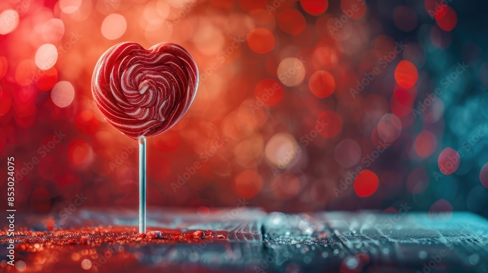 Poster heart shaped lollipop on a table with a red and dark backdrop