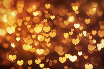 Fototapeta premium A blurred background of small, glowing hearts in various sizes and shades of gold against an out-of-focus brown backdrop