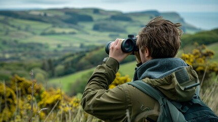 A person using binoculars to birdwatch, with a close-up of the binoculars and a scenic nature backdrop