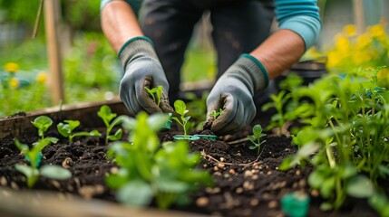 Hands of a gardener planting seedlings in a raised garden bed, with rich soil and gardening tools around
