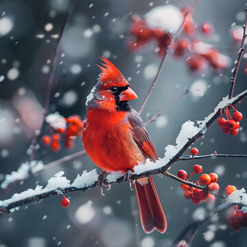 male cardinal in winter posing on a tree branch in the snow
