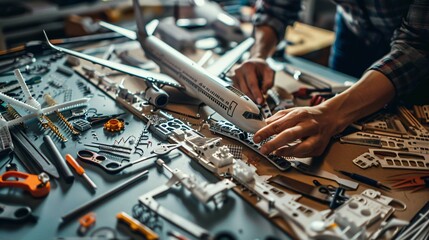 Hands of a person assembling a model airplane, with various small parts and tools carefully arranged on a table
