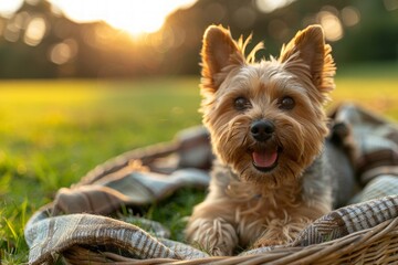 Small dog sitting in basket on grass