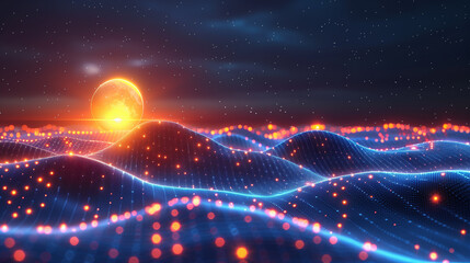 Obraz premium Digital sunrise over blue mountains, stars