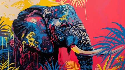 Vibrant, colorful graffiti-style painting of an elephant in a jungle-themed background with bold, bright hues.
