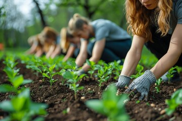 Women planting trees in sustainable garden