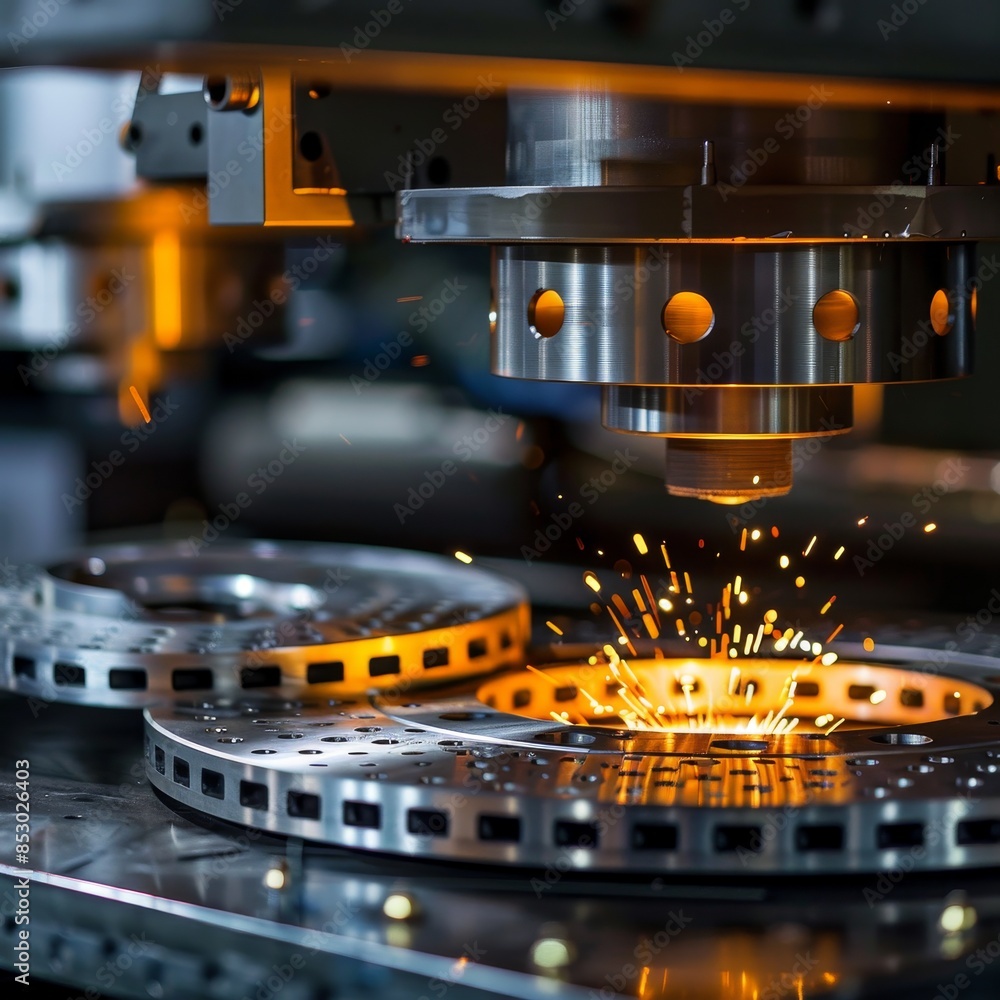 Wall mural precision process, close-up of brake discs being manufactured in workshop.