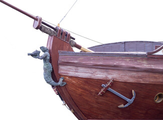 old wooden ship bow with figurehead isolated