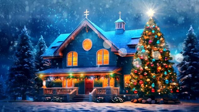 christmas house in the night Cozy Atmosphere Seamless looping 4k time-lapse virtual video animation