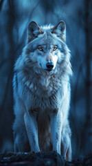 Fototapeta premium Majestic Wolf in Moonlit Forest with Intense Stare and Silvery Fur 