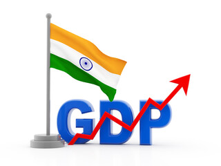 India GDP Growing, increasing  GDP and Rising arrow going up with Indian flag on white background, showing future of Indian Economy. 3d render