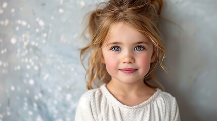 Cheerful Young Girl Smiling Brightly Against a Minimalistic White Background, Exuding Innocence and Joy