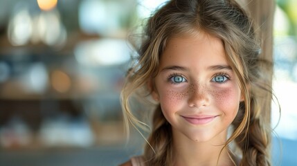 Obraz premium Cheerful Young Girl Smiling Brightly Against a Minimalistic White Background, Exuding Innocence and Joy