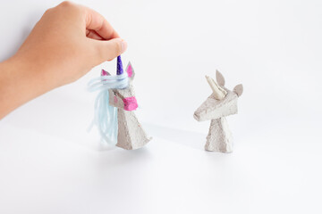 Tutorial on how to make unicorn from recycled paper. Kids craft, creative and sustainable. Perfect for DIY projects, turning waste paper into beautiful unicorn, imaginative play and recycling