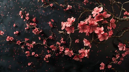 Pink Cherry Blossoms on Black Background
