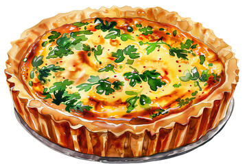 A delicious quiche with a flaky crust and a creamy filling made with eggs, milk, and cheese, isolated on transparent png background
