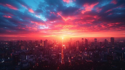 Obraz premium Dazzling urban sunset painting the sky in fiery hues
