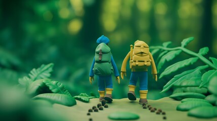 3D cartoon illustration of a two clay figure hikers in lush green forest.