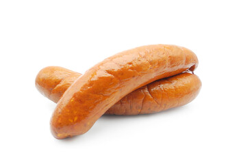 Rustic sausages in natural casing isolated on white background   