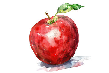 A watercolor painting of a red apple with a green stem and leaf, isolated on transparent png background