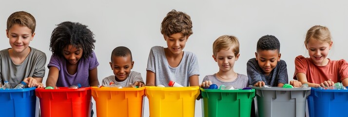 Children sorting recyclables. Group of diverse kids actively sorting plastic bottles into colorful recycling bins, teaching environmental awareness and responsibility.