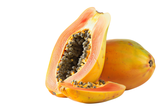 Half and slice of ripe papaya isolated on transparent background