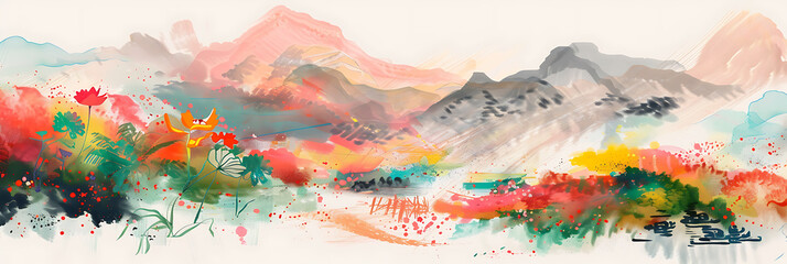 Fototapeta premium Chinese style watercolor painting of valley and flowers , panorama wallpaper, the beauty of sensitive lines