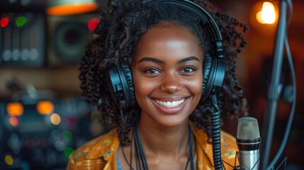 Happy cheerful young Black woman in headphones and professional microphone recording audio podcast for radio,