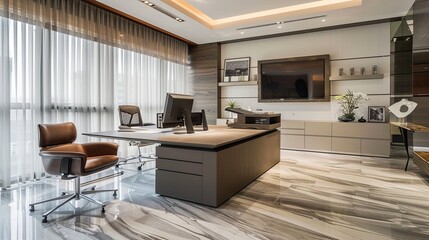 Modern Office with Stylish Interior Design

Description
Spacious modern office with sleek furniture, large windows, and contemporary design elements, offering a professional workspace.