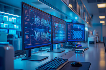 Fototapeta premium Modern laboratory with advanced computer monitors. Cutting-edge technology and data analysis in a state-of-the-art lab environment. Ideal for science, technology, and research-related content.