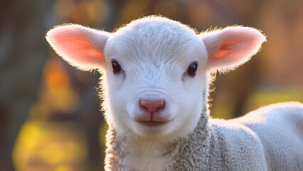 Fototapeta premium The lamb stands and stares, captured in a close-up portrait.