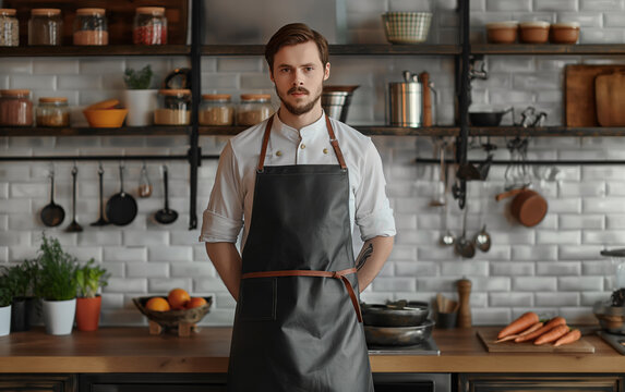 Chef kitchen apron. Chef cook in a uniform, kitchen apron, wearing protective apparel, culinary environment, food service setting, chef in kitchen interior, apron mock-up. Realistic style photo