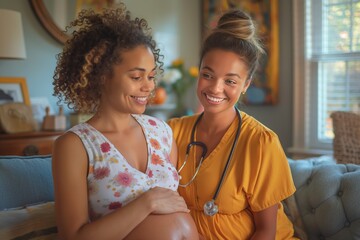 Expectant mother with a midwife. A heartfelt image depicting maternal care and support, perfect for health, wellness, and family-related marketing. Ideal for medical and prenatal editorial use.