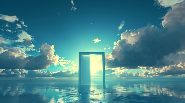The open door through which you can see the blue sky symbolizes a symbolic transition to a new life. This scenery brings a sense of freedom and openness to new possibilities.
