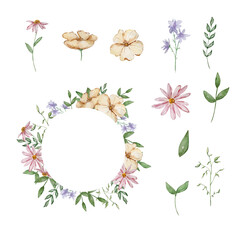 Frame with watercolor garden flowers and leaves