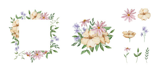 Border with watercolor garden flowers and leaves