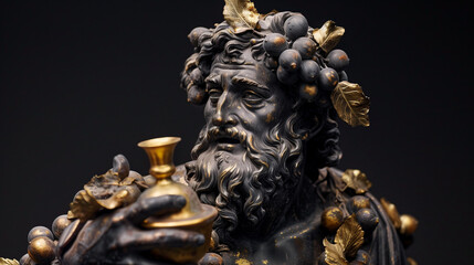 A black marble statue of the roman and greek god Bacchus, with some details in gold, drinking wine, isolated over a black background. Mythological wallpaper