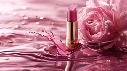 Luxury Beauty Branding Pink Lipstick and Rose Flower on Liquid Background