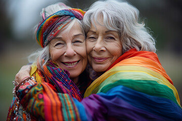 Happy older lesbian couple covered with LGBTQ flag.