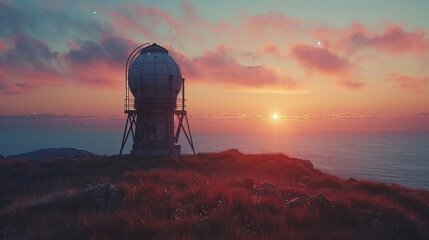 Silhouette of a astronomy telescope with twilight sky