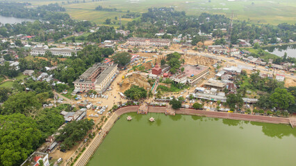 Aerial view of tripura sundari temple situated in the ancient city of Udaipur.Domed 1501 hindu temple in a buddhist style in agartala, tripura India.