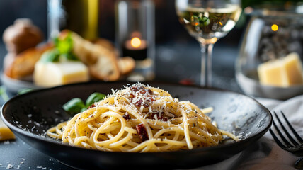 A glass of rose and golden bread sticks Spaghetti enhanced with truffle oil, served with wine and breadsticks, al dente spaghetti infused with the earthy aroma of truffle oil, paired with.