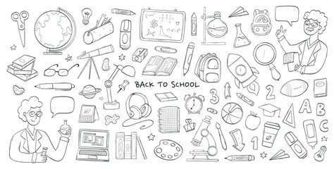 school doodles, education cartoon clip art, monochrome elements for cards, prints, posters, stickers, coloring pages, banners, etc. EPS 10