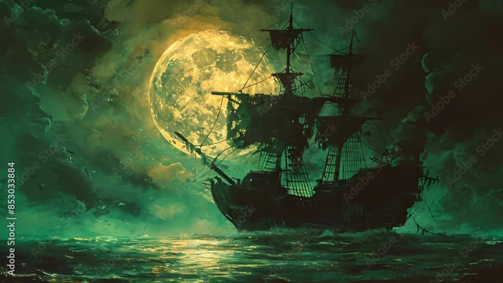 Poster as the moon wanes a haunted ship adorned with skulls and bones haunts the shores its spectral captai