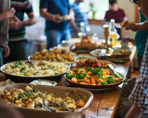 Obraz premium A potluck dinner where participants bring dishes that represent their cultural heritage and discuss the role of labor in their communitys history
