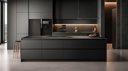 Luxurious kitchen with all-black cabinets, large central island with seating and integrated appliances, minimalist design, high-end fixtures, and ambient LED lighting