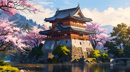 Winter castle nature landscape background in Japanese anime watercolor painting illustration style. Landscape illustration of Mount Fuji and Cherry Trees,