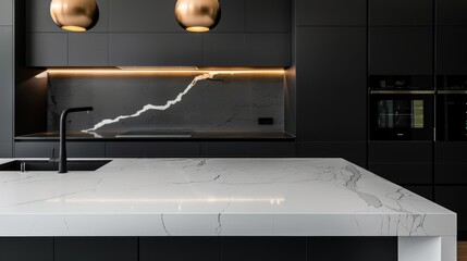 Modern kitchen with black cabinetry, minimalist black island with marble countertop, top-tier appliances, built-in storage, and elegant pendant lights above the island